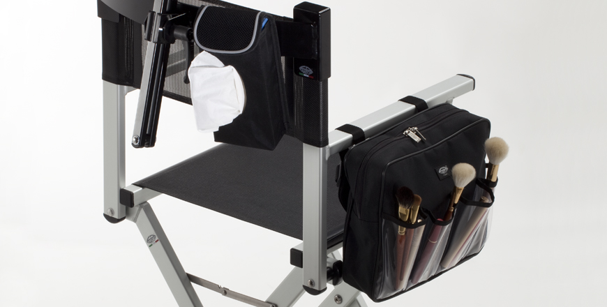 Make-up chair with tissue holder, brush bag and headrest. Make-up chair with tissue holder, brush bag and headrest.